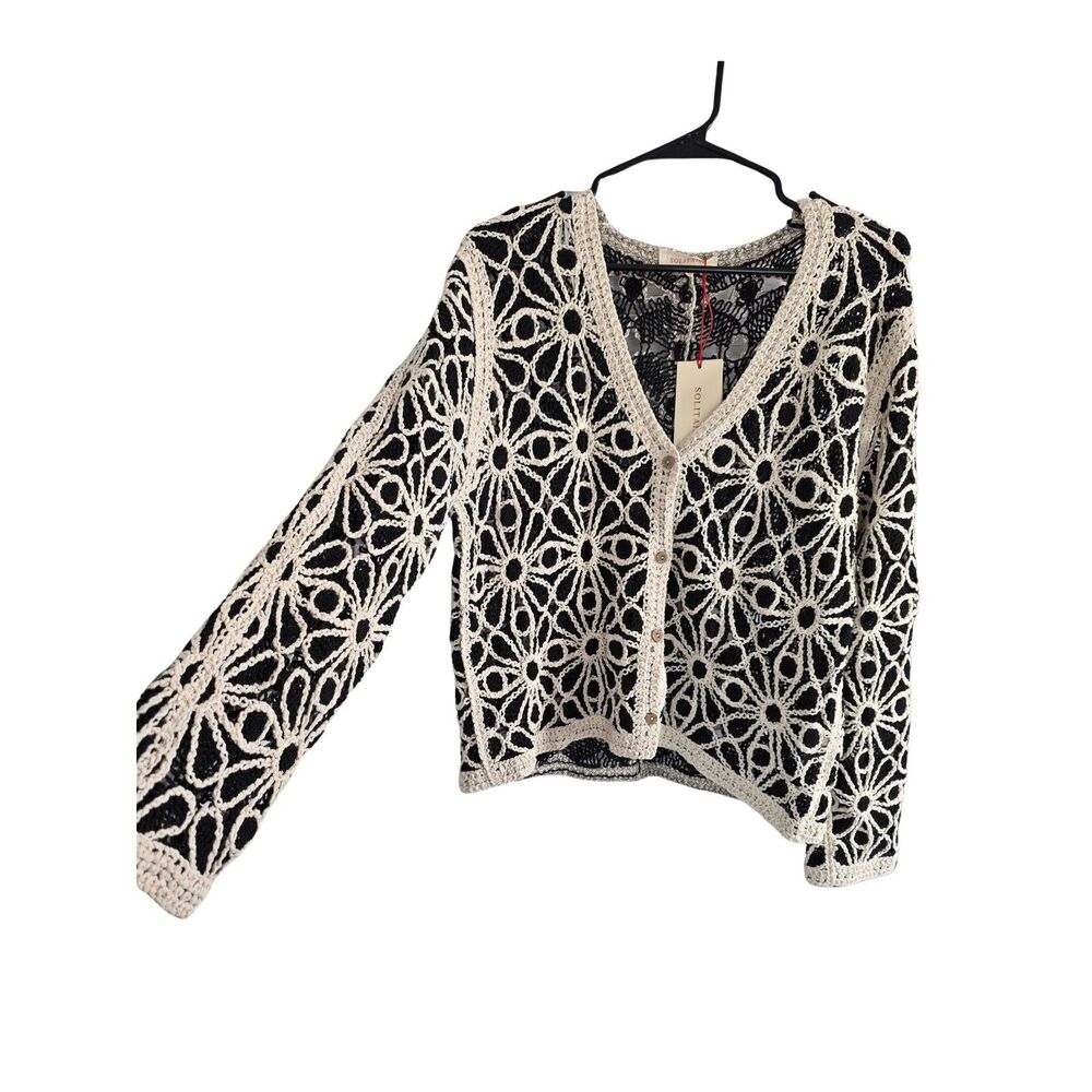 NWT SOLITAIRE Black White Crochet Lace Floral Knit Boho Blouse Top XL